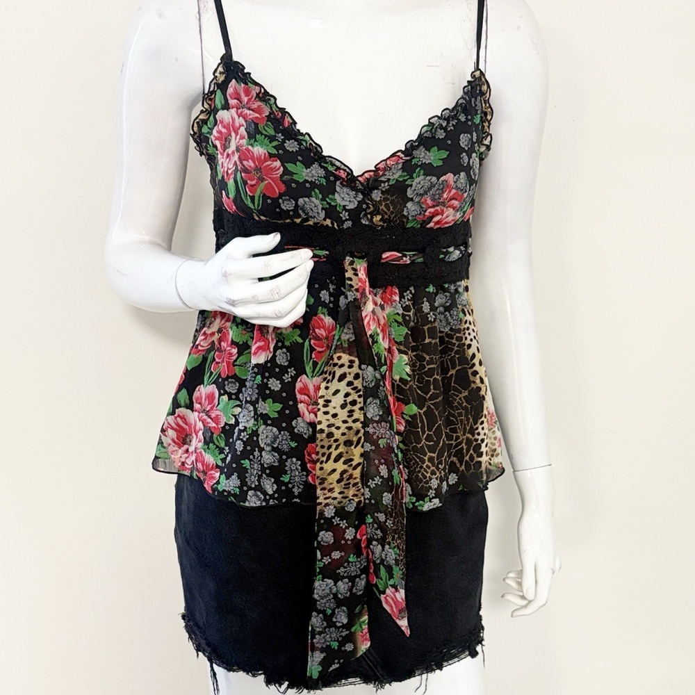 Vintage Euro Y2K 90s Morgan de Toi Floral & Animal Patchwork Print Top Tie Sash